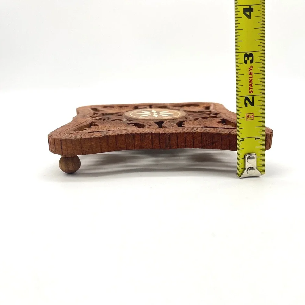 Vintage Hand Carved Wood Trivet India Leaf Design Inlay Footed‎ Hot Pad 6in